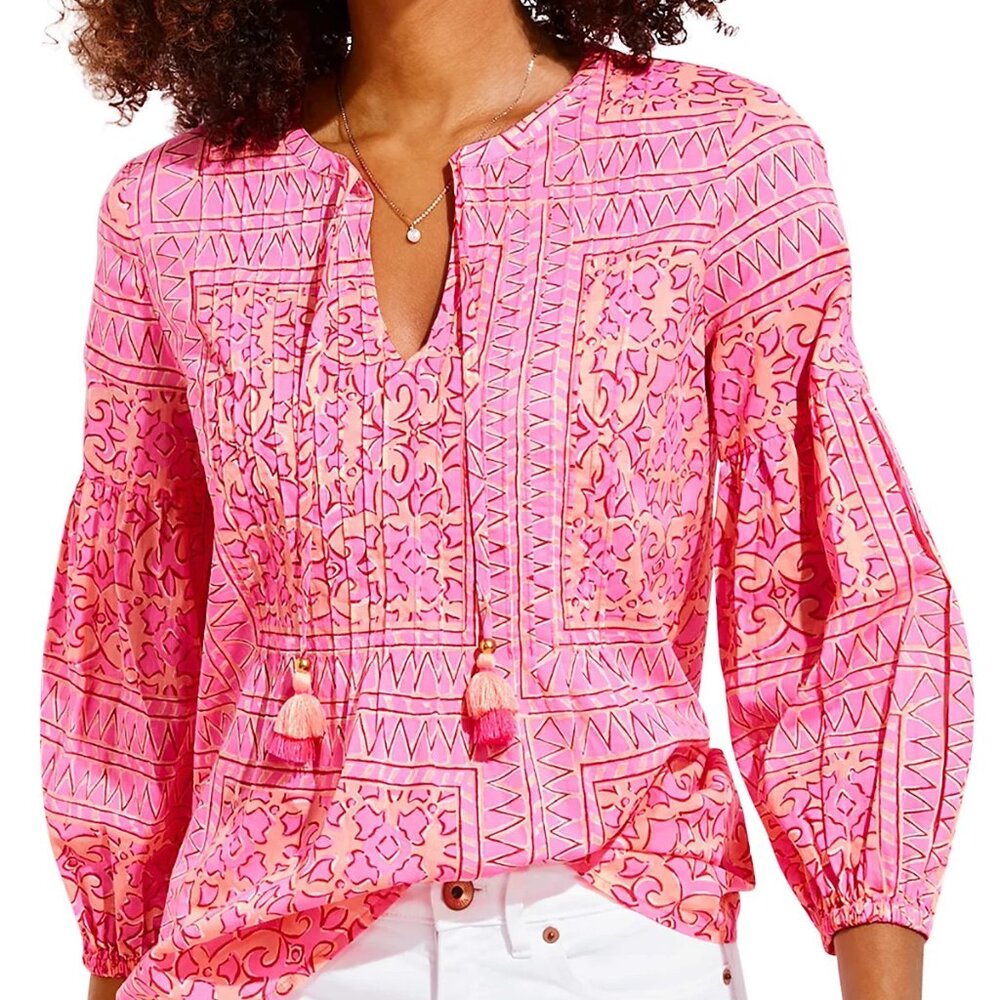 Vineyard Vines Scarf Print Long Sleeve Top - Pink/Orange - Women's XS